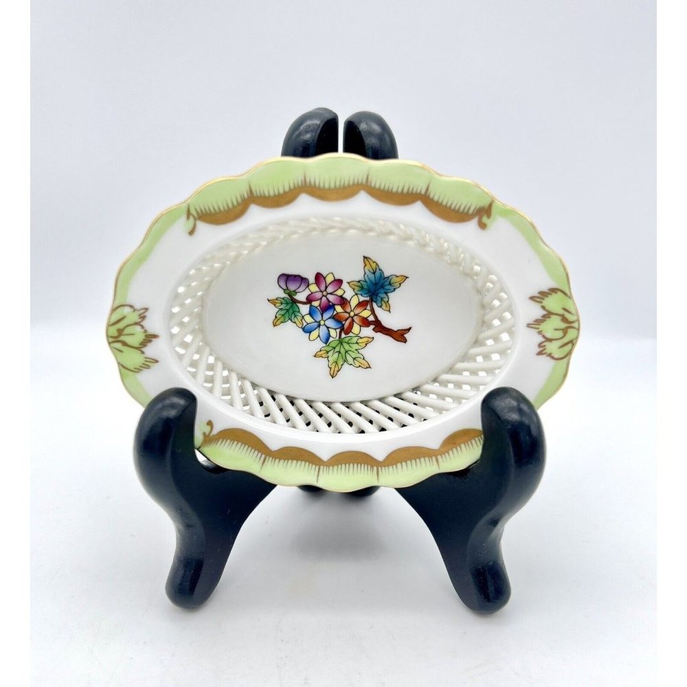 Herend Oval Open Weave Basket Floral Trinket Dish Hand Painted Hungary 7380